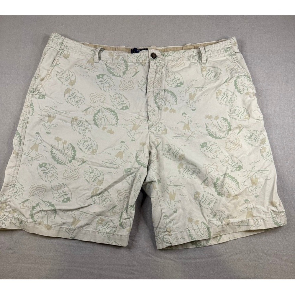 IZOD Jeans Mens Size 44 Tropical Surfer Fish Print Cotton Shorts Tan Khaki
